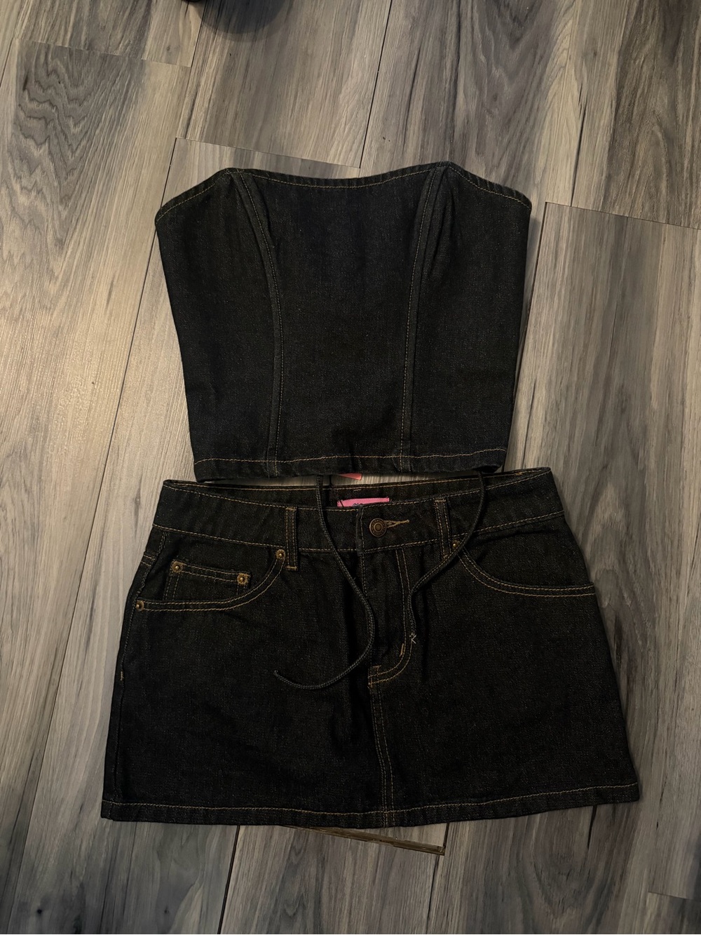 Edikted Black Denim Bustier Top & Mini Skirt Set